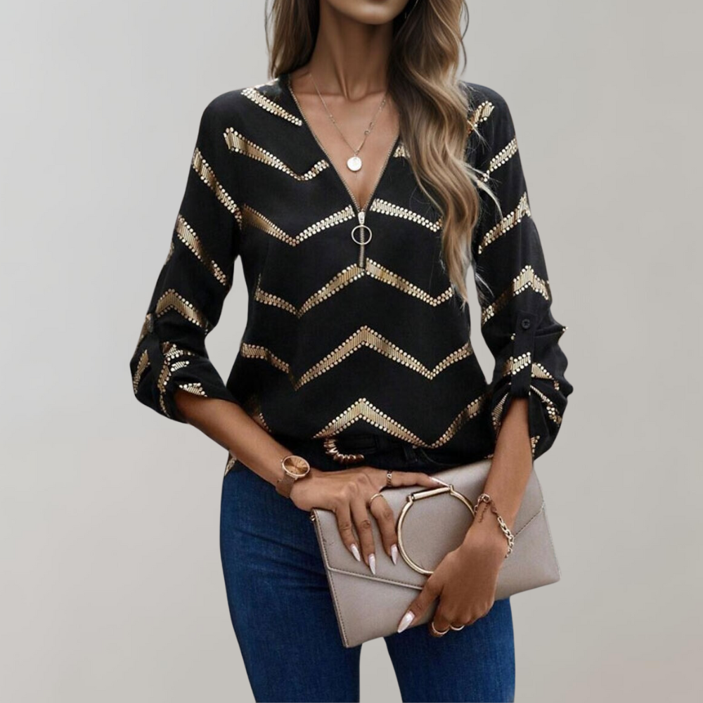 Tara - Half Zip V Neck Chic Blouse