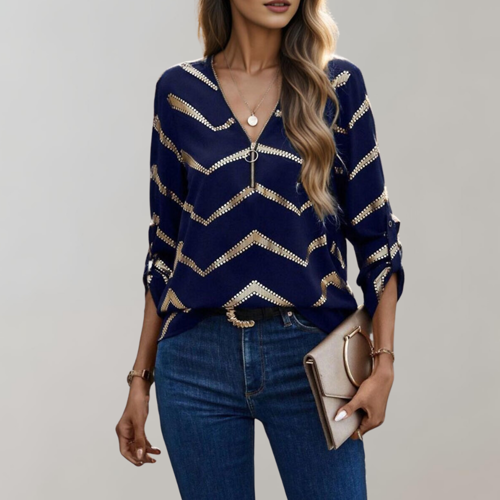 Tara - Half Zip V Neck Chic Blouse