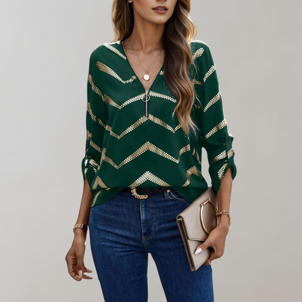 Tara - Half Zip V Neck Chic Blouse