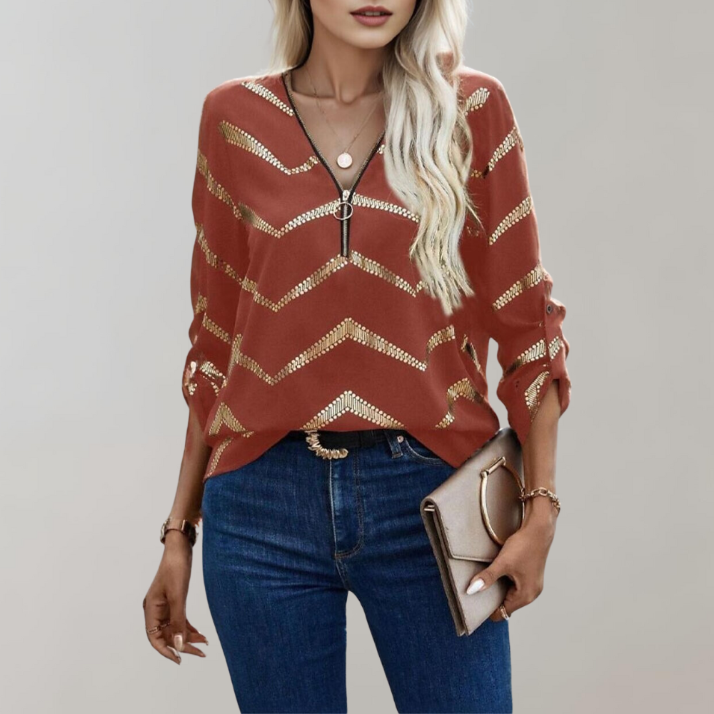 Tara - Half Zip V Neck Chic Blouse