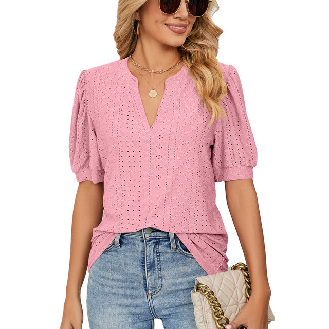 Elira - Women's Loose Blouse with Split Neckline & Puff Sleeves