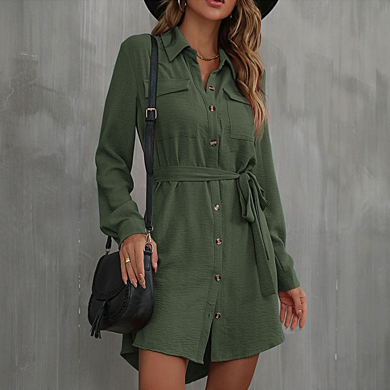 Trista - Casual Turn Down Collar Long Sleeve Shirt Dress