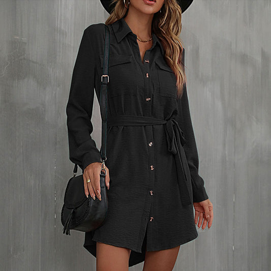 Trista - Casual Turn Down Collar Long Sleeve Shirt Dress