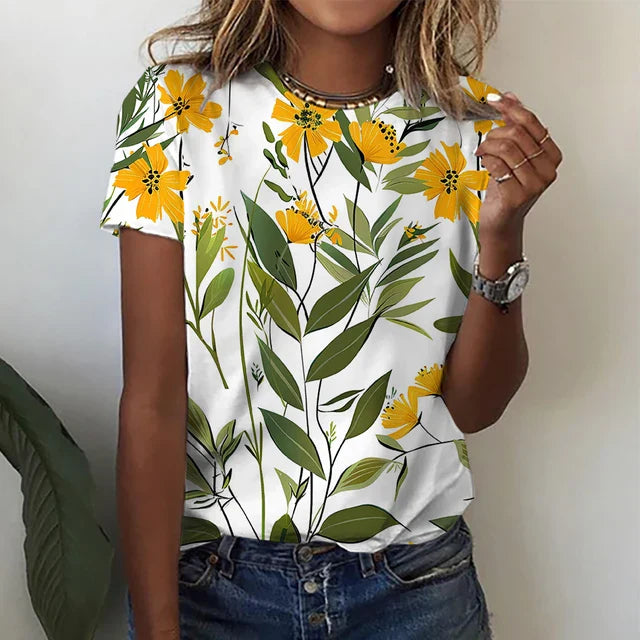 Pia - Printed Short Sleeve Round Neck Summer Blouse