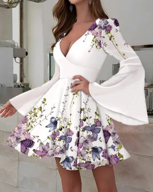 Nicole - Floral Print V Neck Long Sleeve Mini Summer Dress