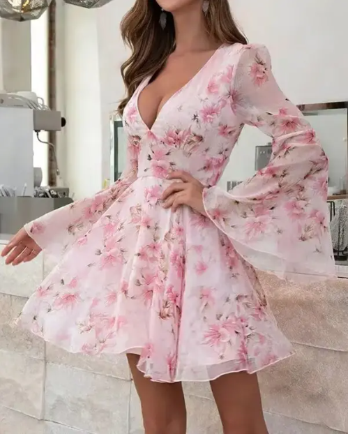 Nicole - Floral Print V Neck Long Sleeve Mini Summer Dress