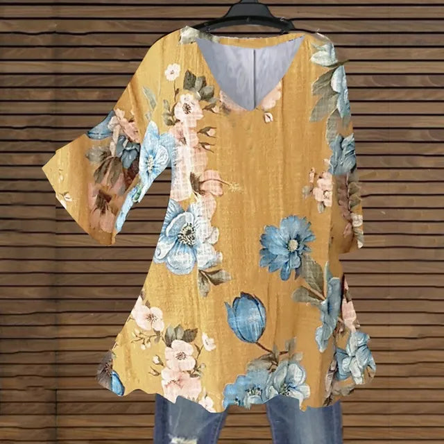 Louisa - Plus Size V Neck Floral Print Summer Blouse